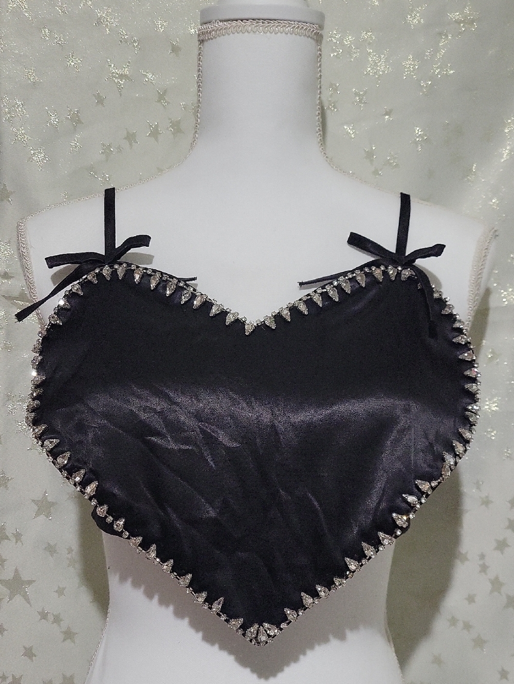 Hot & Delicious Black Women's M Satin Heart Shape Top with Rhinestone Trim